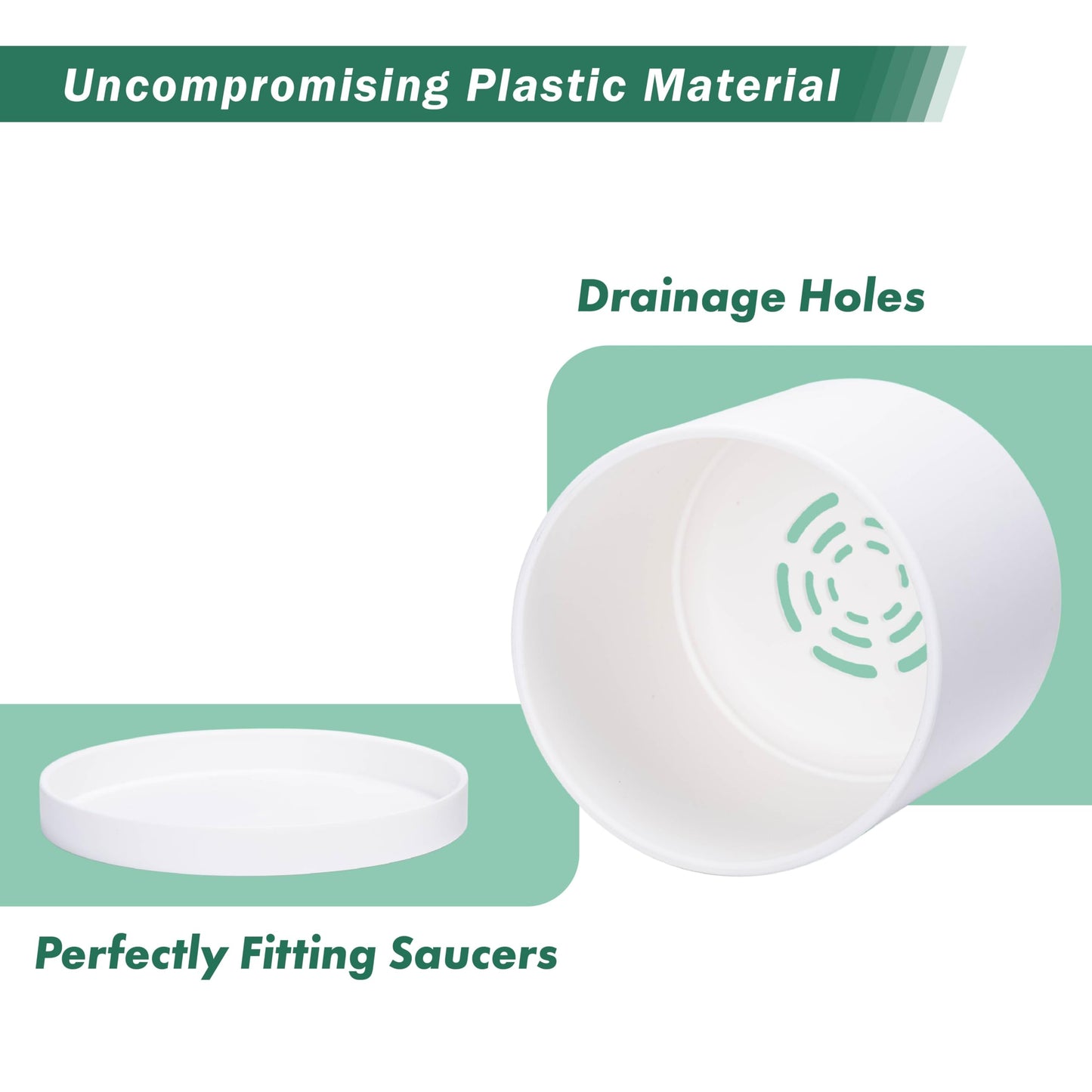 D'vine Dev 2 Pack 6 Inch Modern Plastic Plant Pots, Small Garden Planters for Plant with Drainage Holes and Saucers, White Color, 74-Z-J-1