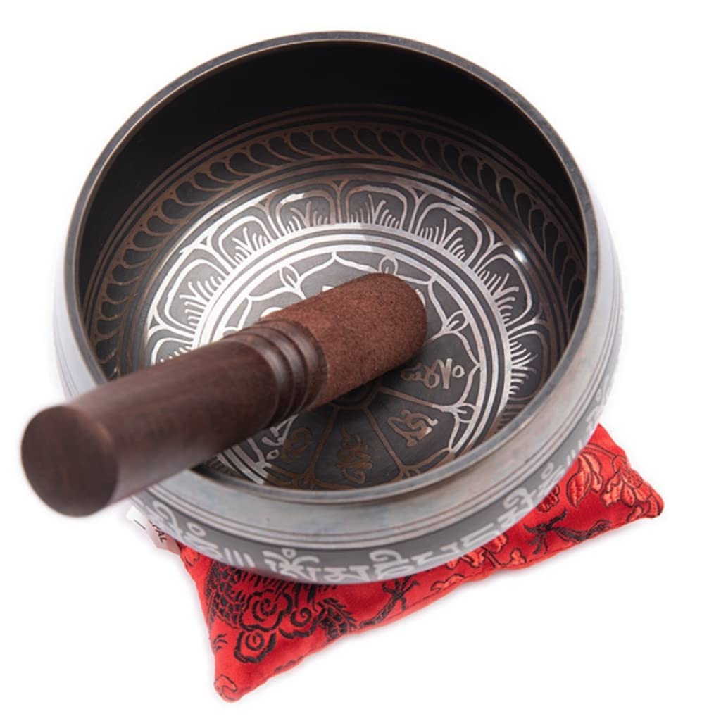 Premium Tibetan Singing Bowl Set – Handmade in Nepal Sound & Meditation Bowl – Spiritual Decor for Yoga, Wellness Spaces & Relaxation by Himalayan Bazaar (Brown & Red)
