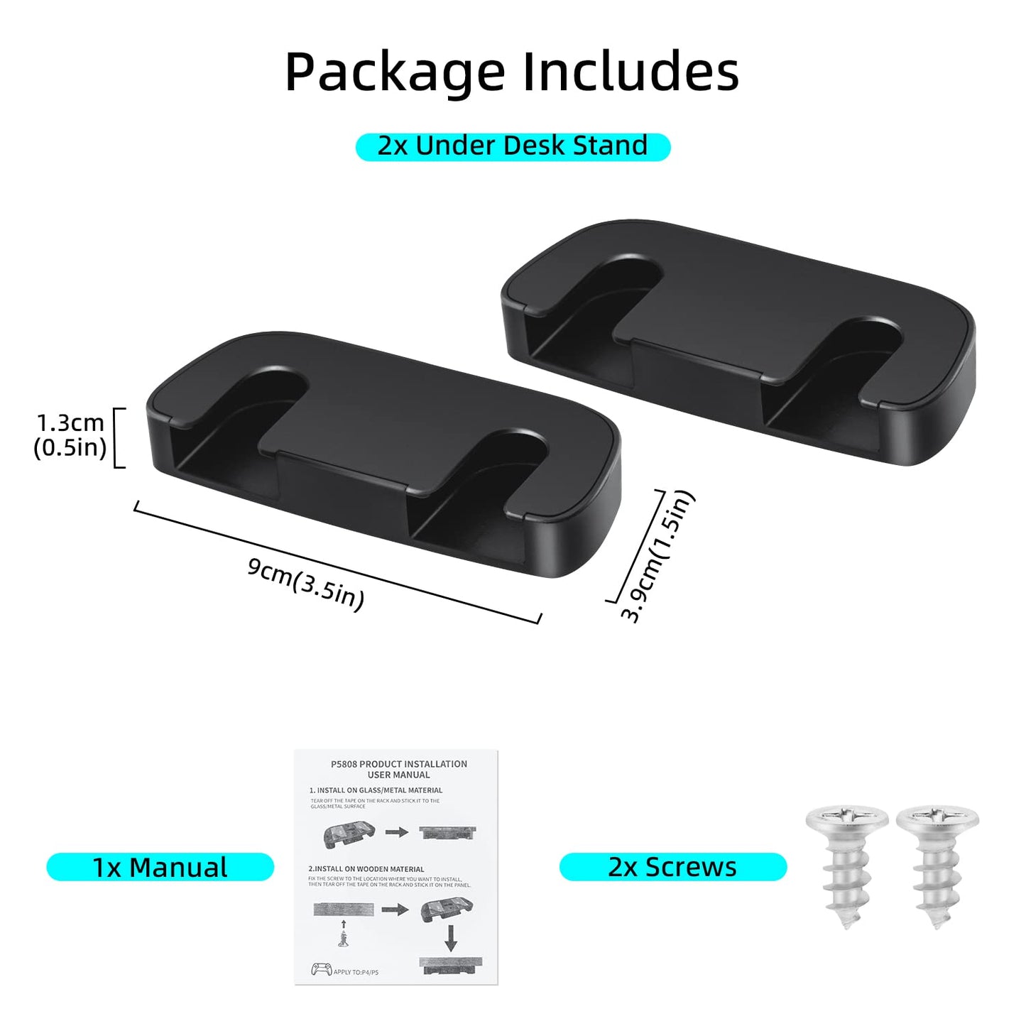Mcbazel Under Desk Mount for PS5/PS4 Controller, PlayStation 5/PlayStation 4 Controller Holder, No Drill Adhesive Tape Table Stand, ABS Material, 2 Pack (Not for PS5 Slim/PS5 Pro)