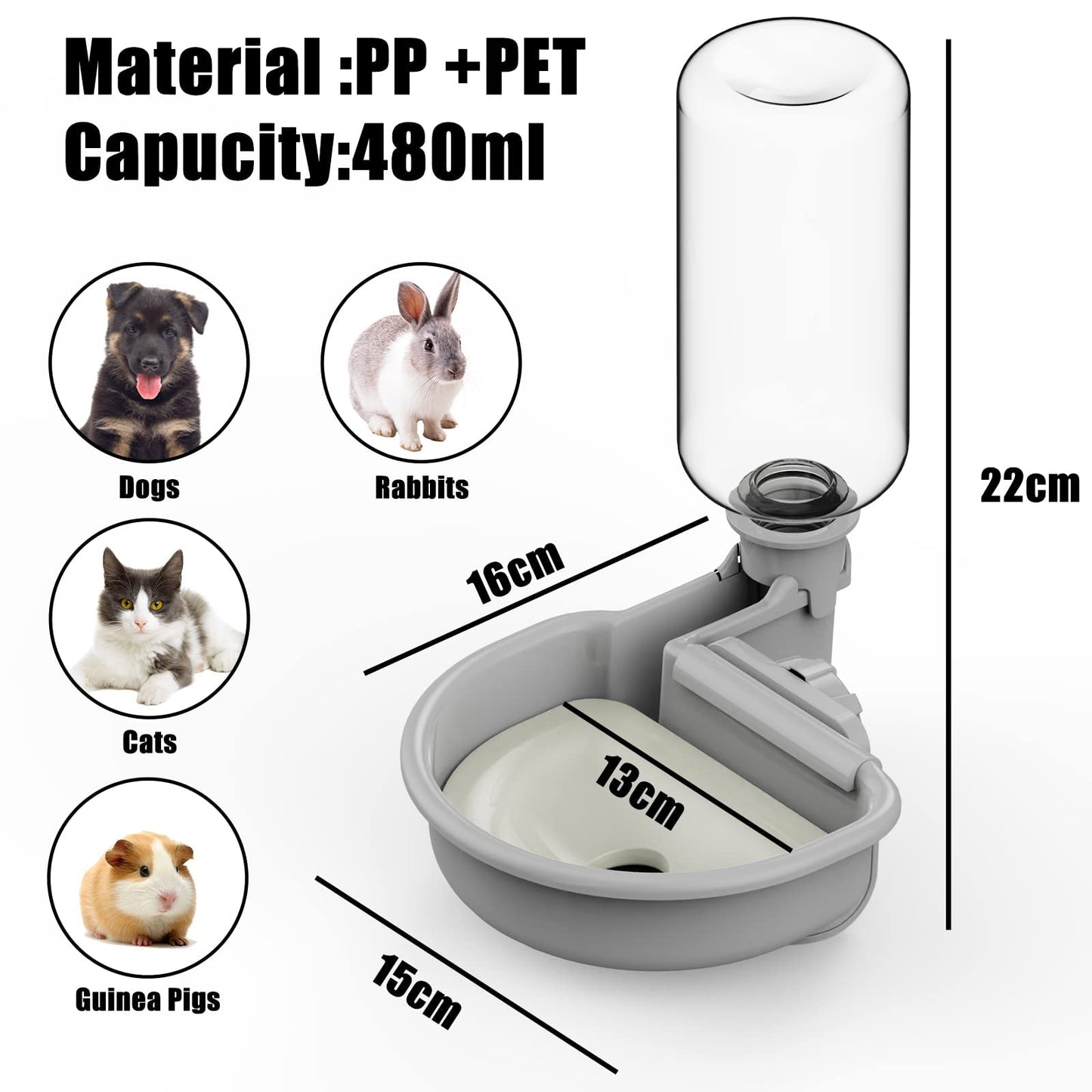TOKAYIFE Pet Water Bottle [Grey, 480ml] Cage Water Bottles for Rabbits, Dogs, Ferrets, Cats and Other Small Animals, Anti-Overflow Water Dispenser for Crate