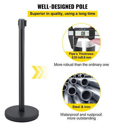 VEVOR Crowd Control Stanchion Set, Stanchion Set with 6.6 ft/2 m Black Retractable Belt, Black Crowd Control Barrier w/Concrete and Solid Metal Base - Easy Connect Assembly (6)