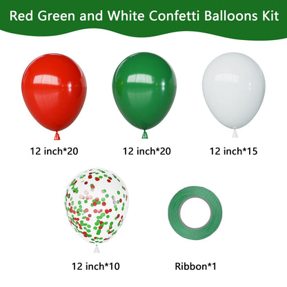 Christmas Balloons Set, 65pcs 12 Inch Red Green White Confetti Balloons, Red and Green Latex Balloons for Christmas Party Decorations