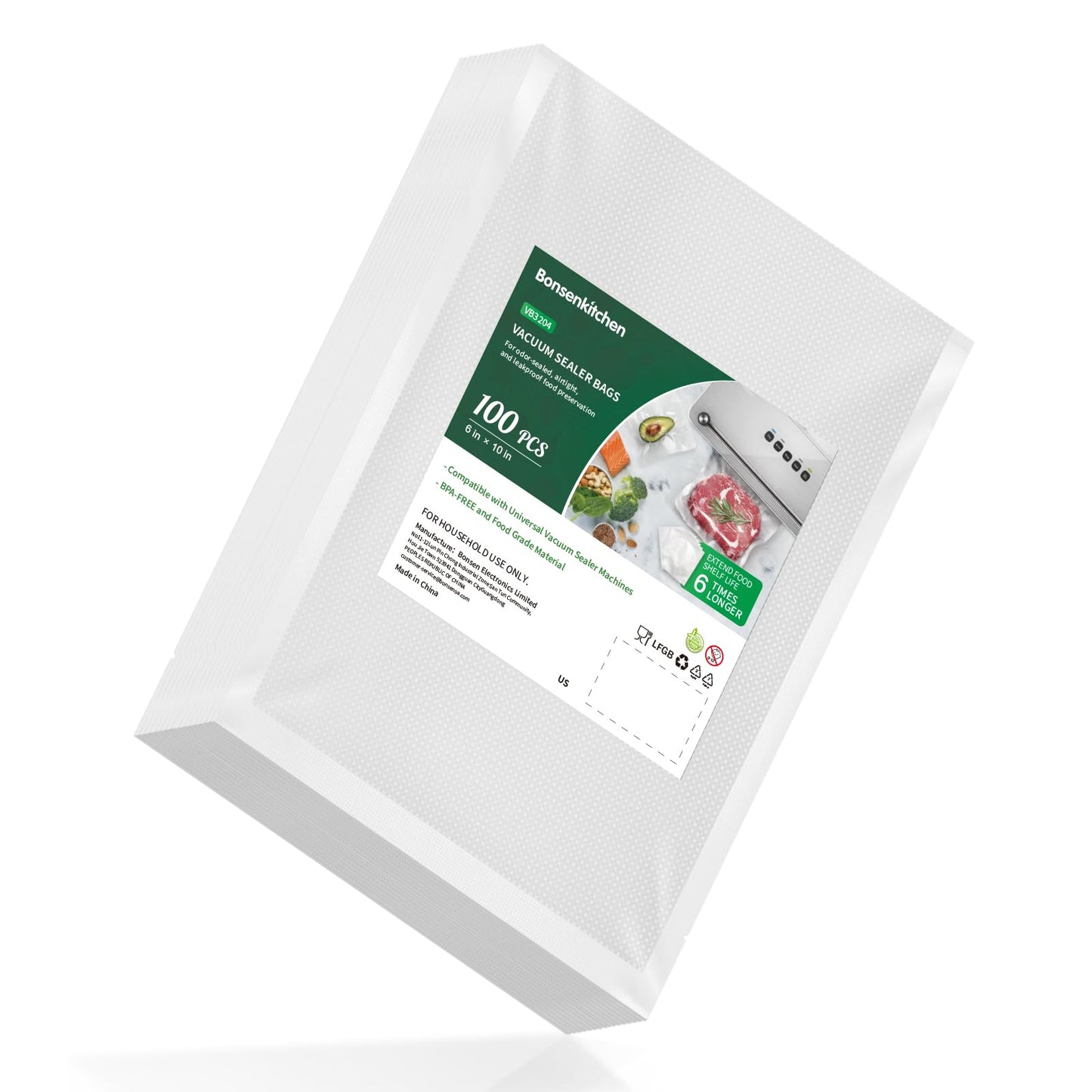 Bonsenkitchen Precut Vacuum Sealer Bags 200 Quart 8" x 12", BPA Free, Commercial Grade Textured Food Vacuum Sealer Bag, Thick Embossed Bags for Storage and Sous Vide Cooking VB3208