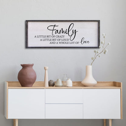 Family A Little Bit Of Crazy Sign Wall Decor 32"×12" Rustic Farmhouse Living Room Large Soild Wood Framed Hallway Hanging Sign Aesthetic Inspirational Quotes Entryway Home Wall Art (Black)
