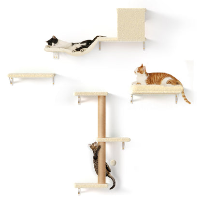 FUKUMARU Cat Wall Shelves, Stable & Safe 4 in 1 Large Cat Walls Furniture Set, Wooden Kitten Climbing Wall with Scratching Post for 16 Inch Drywall - Beige