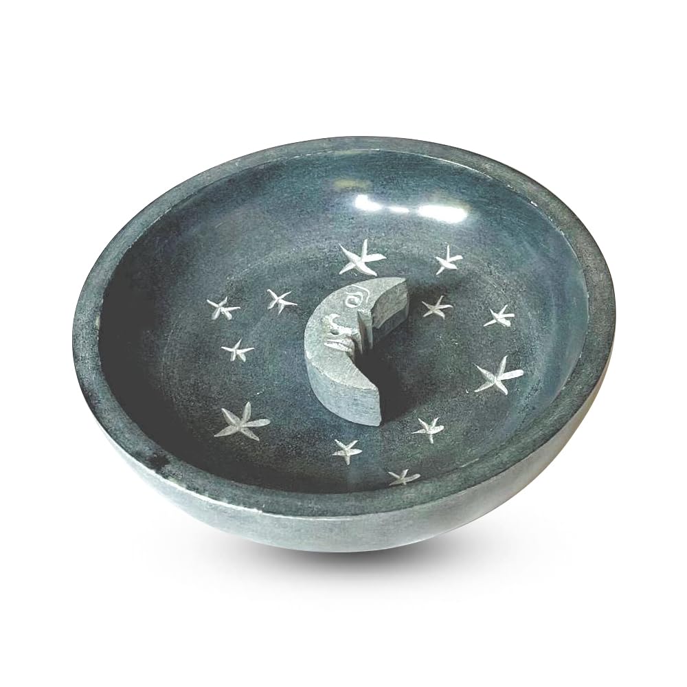 Gonesh - Incense Holder - Modern Home Decor - Stone Incense Burner - Celestial Round Gray Moon - 1.3” x 5” x 5”