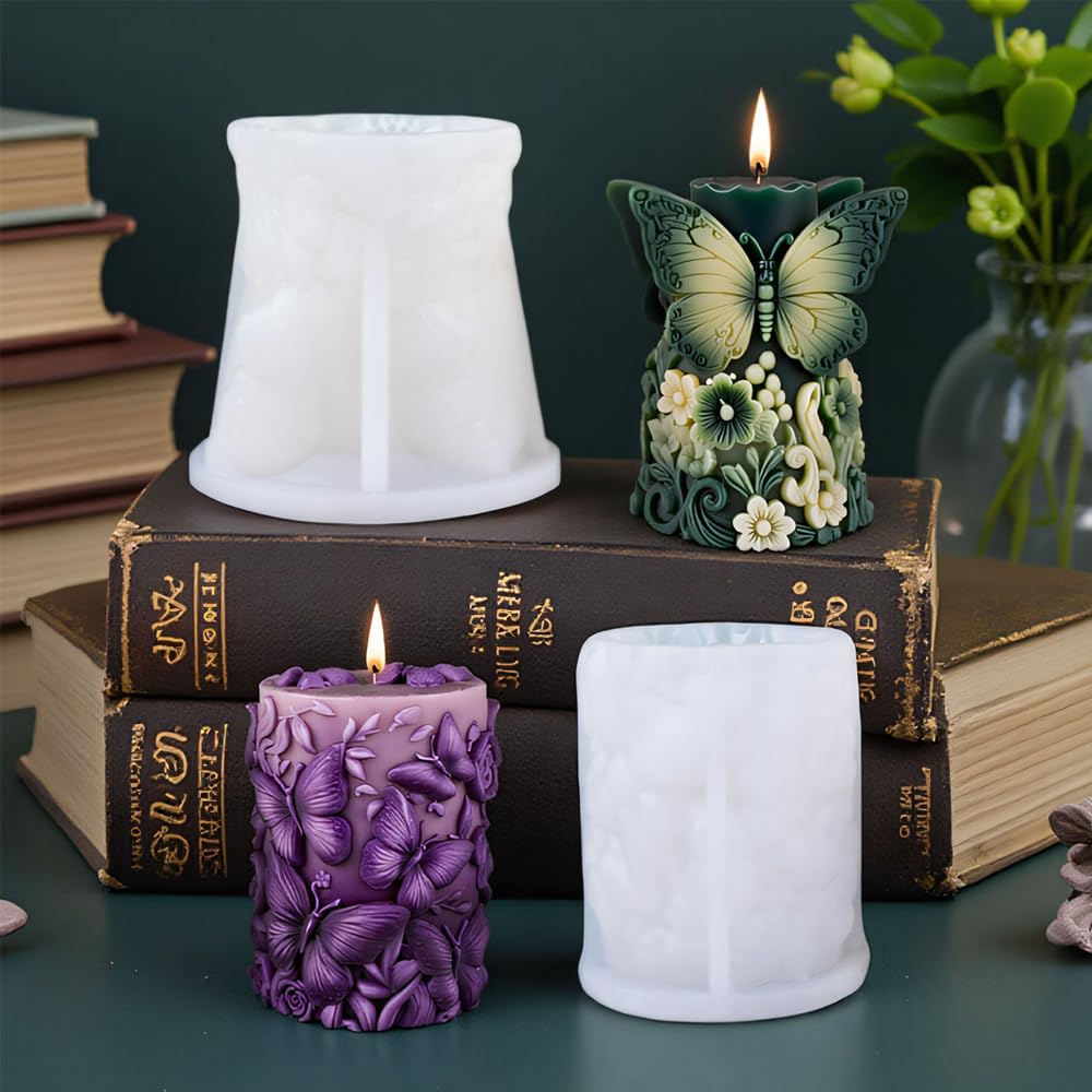 Butterfly Cylinder Candle Molds for Candle Making,3Pcs Pillar Casting Silicone Molds for Resin Casting, Soap, Home Room Decor Craft Supplies