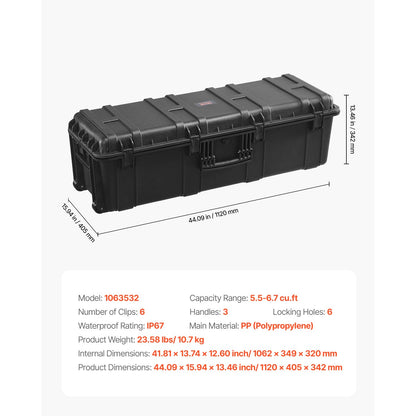 VEVOR Weatherproof Hard Case, Heavy Duty Protective Dry Box Case with Pre-Cut Foam Retractable Pull Handles for Travel, Hunt, Military, Tactical, IP67 Waterproof, for Cameras(44.09 * 15.94 * 13.46)