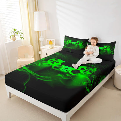 Gamer Fitted Sheet Set Twin Size for Boys Gaming Fitted Bed Sheets for Kids Boys Gamer Room Decor Black Green Smoky Gamepad Games Deep Pocket Trippy Geometric No Top Flat Sheet with 1 Pillow Case