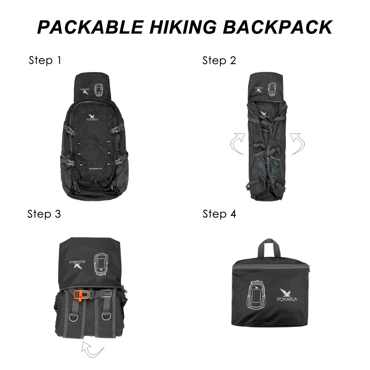 POKARLA 40L Foldable Rucksack Travel Hiking Daypack Durable Lightweight Walking Camping Folding Sports Outdoor Backpack Water Resistant Ultra Packable Carry On Bag Unisex Black