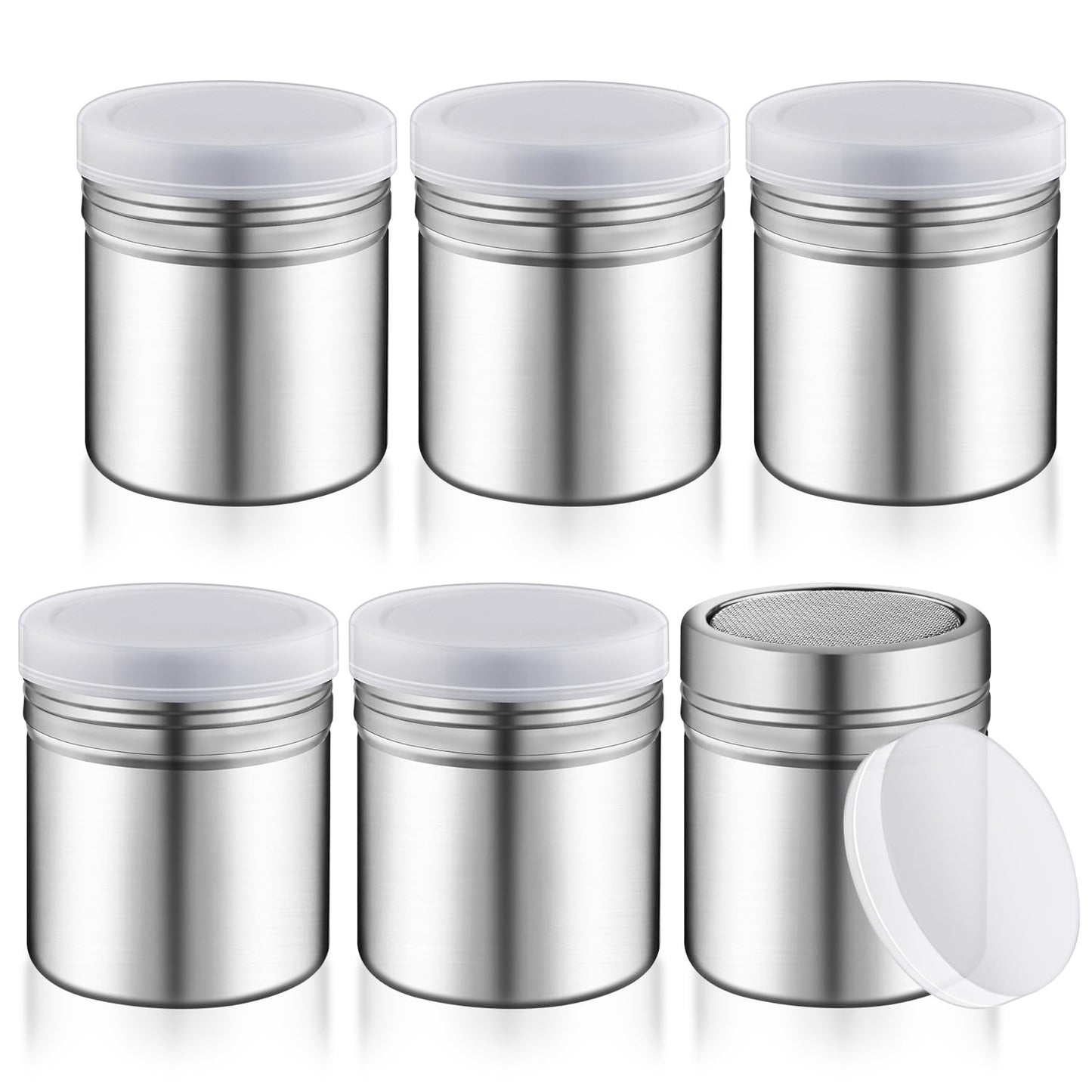 6 Pcs Powder Sugar Shaker Stainless Steel Powder Sugar Shaker Jars Fine Mesh Shaker Cans for Cinnamon Flour Salt Pepper