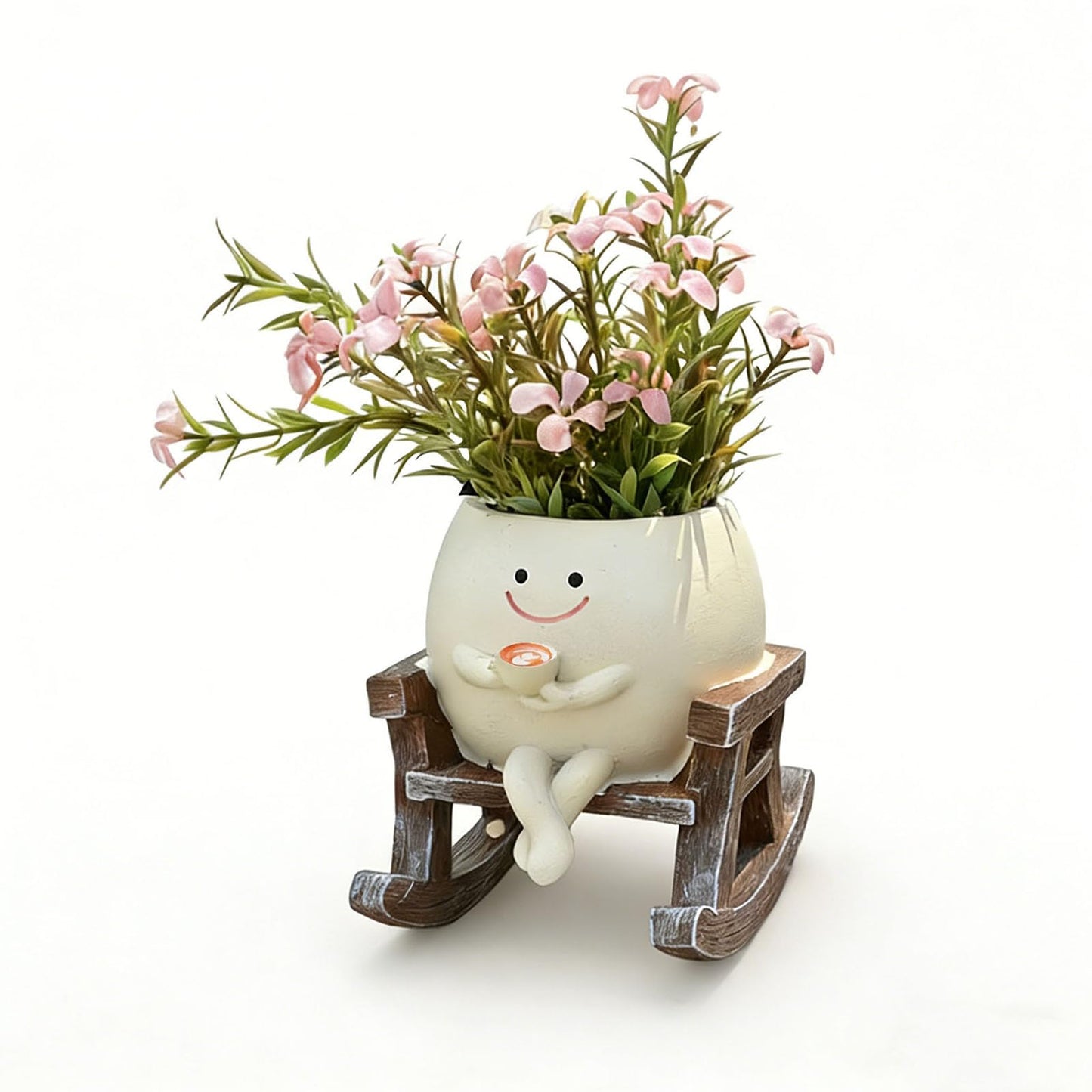 Smiley Face Planter Pot, Cute Rocking Chair Plant Pots for Indoor Outdoor, Unique Funny Drinking Coffee Flower Pot with Drainage Hole, Succulents Plant Gifts for Mother's Day, Birthday, Christmas