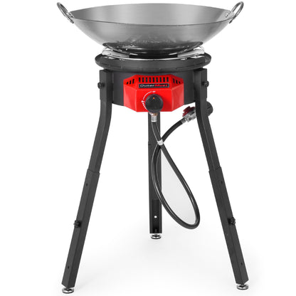 Outdoor Cooker with Iron Wok and Propane Burner, 54,000 BTU High-Pressure Gas Stove with Electronic Ignition & Adjustable Support Stand for Backyard BBQ, Tailgating, Outdoor Cooking