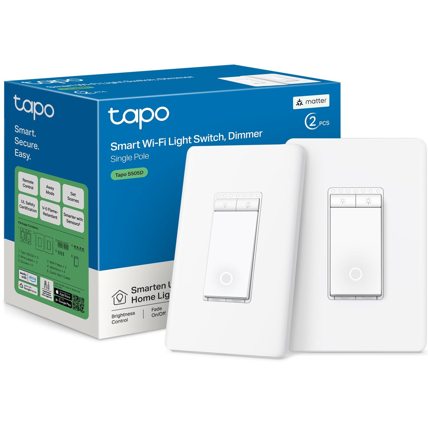 TP-Link Tapo Matter Smart Light Switch: Voice Control w/Siri, Alexa & Google Home | UL Certified | Timer & Schedule | Easy Guided Install | Neutral Wire Required | Single Pole | Tapo S505(2-Pack)