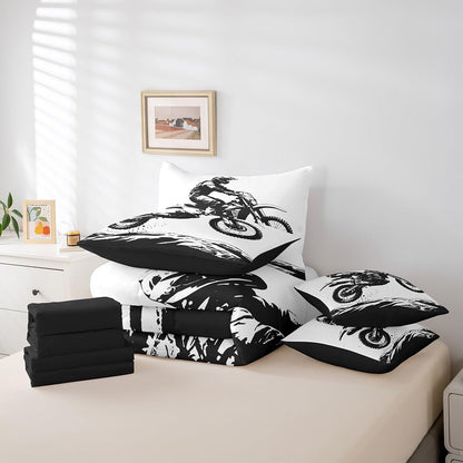 Erosebridal Teens Dirt Bike 7 Pcs Comforter Set Twin Size Motocross Rider Bedding Sets for Kids Boys Teens Adult Motorbike Extreme Sport Bed in A Bag Motorcycle Grunge Sheet Set