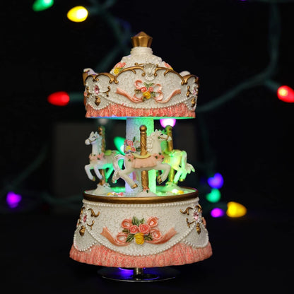 Carousel Music Boxes for Girls 3-Horse Rotating Windup Melody Castle in The Sky Color Change LED Lights Musical Gift for Daughter Birthday Christmas Festival Music Box Artware Pink
