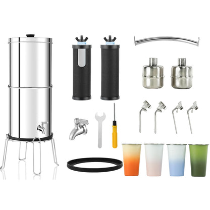 2.25G Ultra-Filtration Gravity Water Filter System-304 Stainless Steel Countertop System with Handle,2 Shut-Off Valves,4 Cups+Holders,2 Carbon Filters and Stand,NSF/ANSI 42 Certification