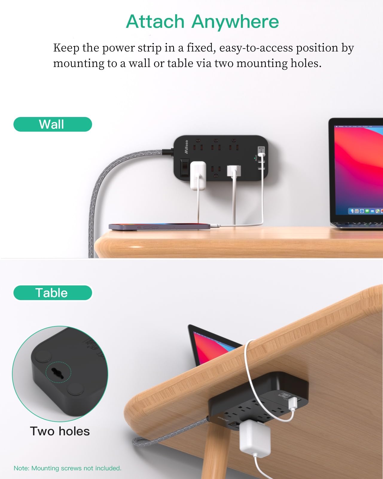 Power Strip - 10 FT Long Flat Plug Extension Cord, 6 Outlets 2 USB A 2 USB C Ports Outlet Extender with Overload Protection, Wall Mount, Desktop Charging Station for Home, Office and Dorm Essential