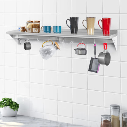 Hally Stainless Steel Shelf with 9 Hooks 12" x 72" Wall Mounted Pot Rack 345lb, NSF Commercial Floating Shelving for Storage Hanging Pots, Pans, cookware in Restaurant, Kitchen, Home and Hotel