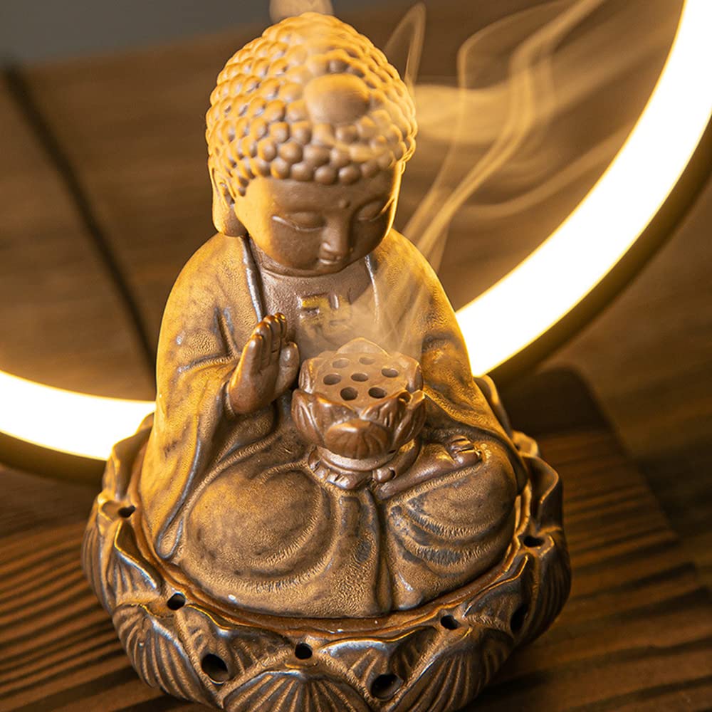 Ceramic Buddha Incense Burner Waterfall Chinese Backflow Incense Burner Holder with LED Light Incense Cones for Home Office Decor (Brown)