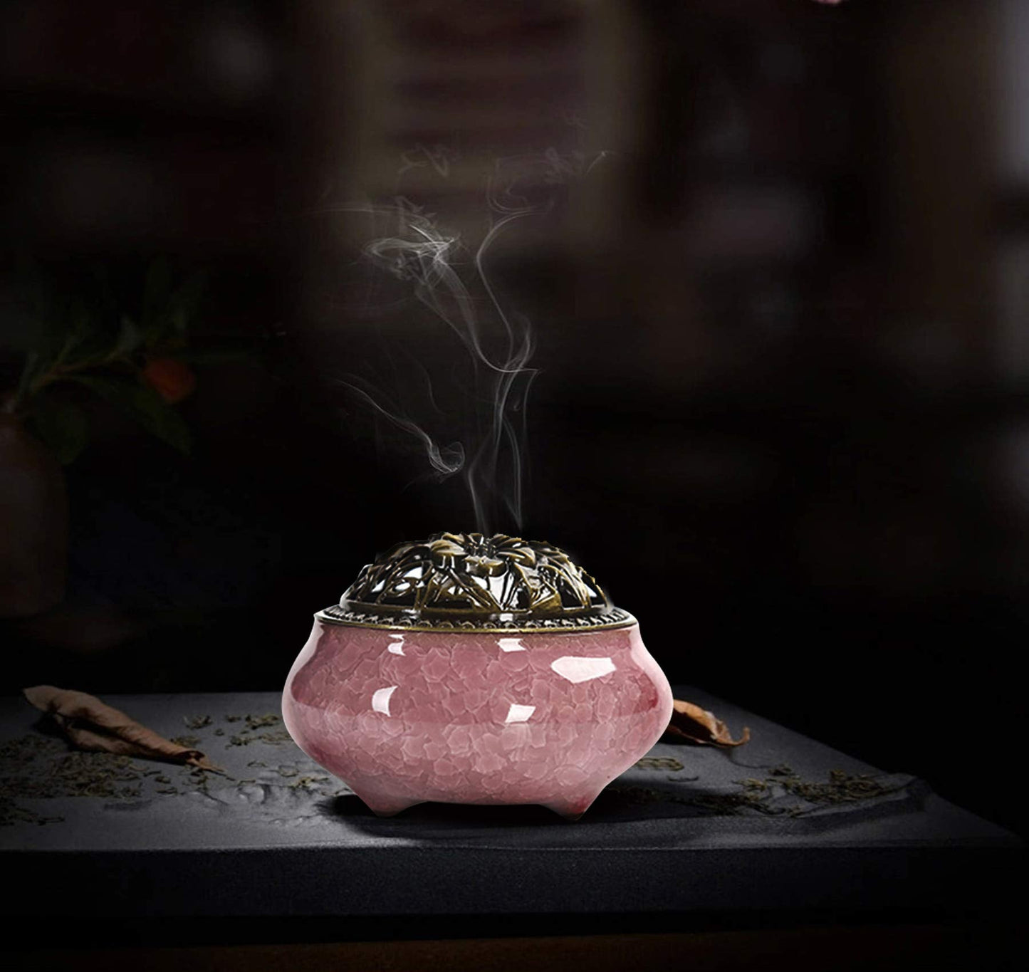 Ceramic Incense Burner with Calabash Incense Holder, 3 in 1 Stick or Cone Coil Incense Burner, Brass Lid for Yoga Spa Meditation