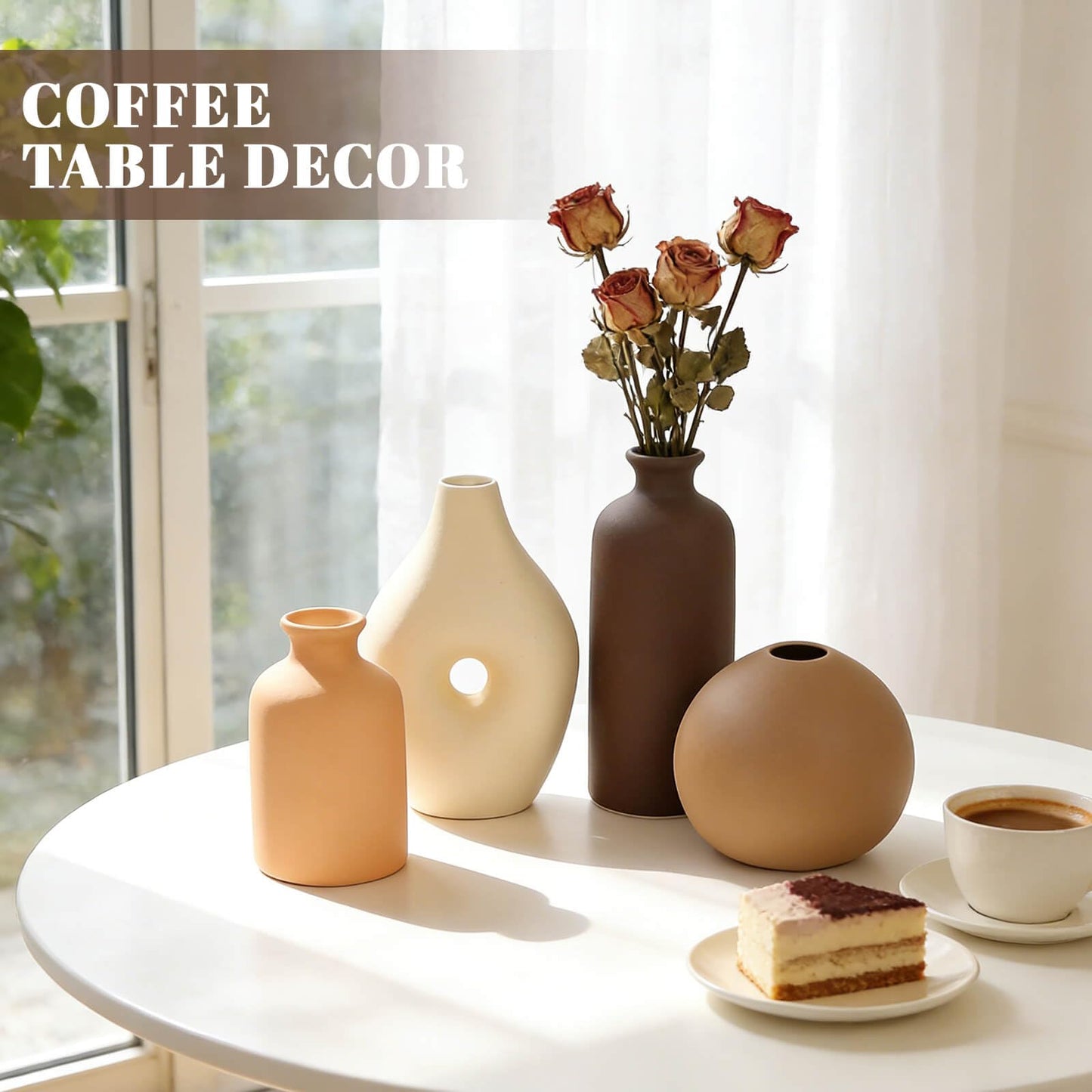 Ceramic Vase Set of 4 Modern Farmhouse Decor Vases for Home Table Centerpiece - Rustic Flower Vases for Living Room Kitchen Shelf Bedroom Office Bathroom Dining and Coffee Table Decor