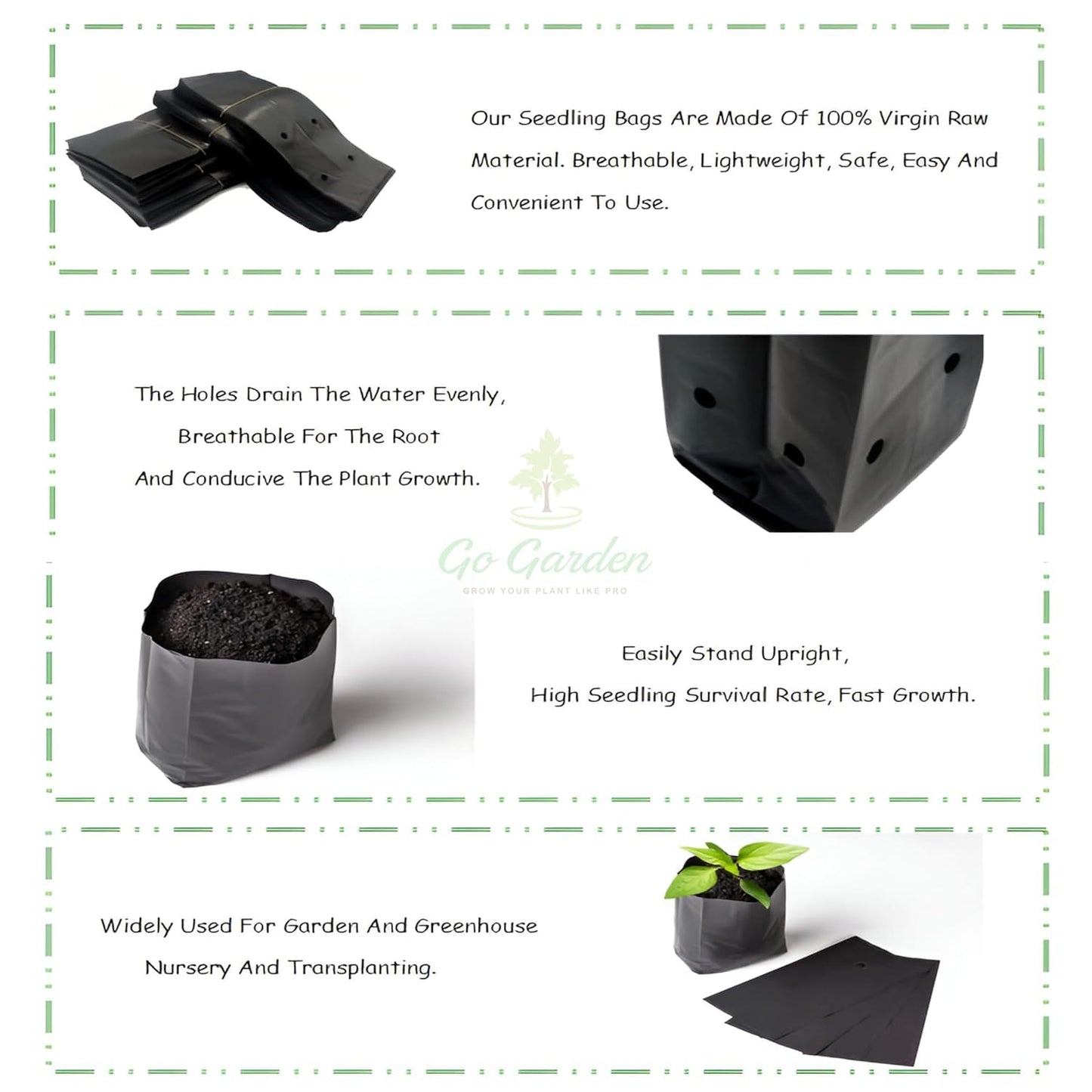 Garden 8 x 10 Inch Plastic Poly Grow Bags for Home Gardens - Perfect for Plantation and Used in Every Plant Nursery - Ideal for Home Plants (Black - 50 Qty)