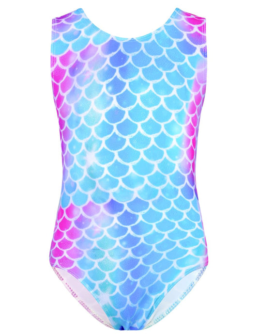 TENVDA Leotards for Girls Gymnastics Tumbling Outfits Size 5-6 Years Old Sparkly Blue Mermaid Scale Printed Sleeveless Cheer Practice Bodysuit