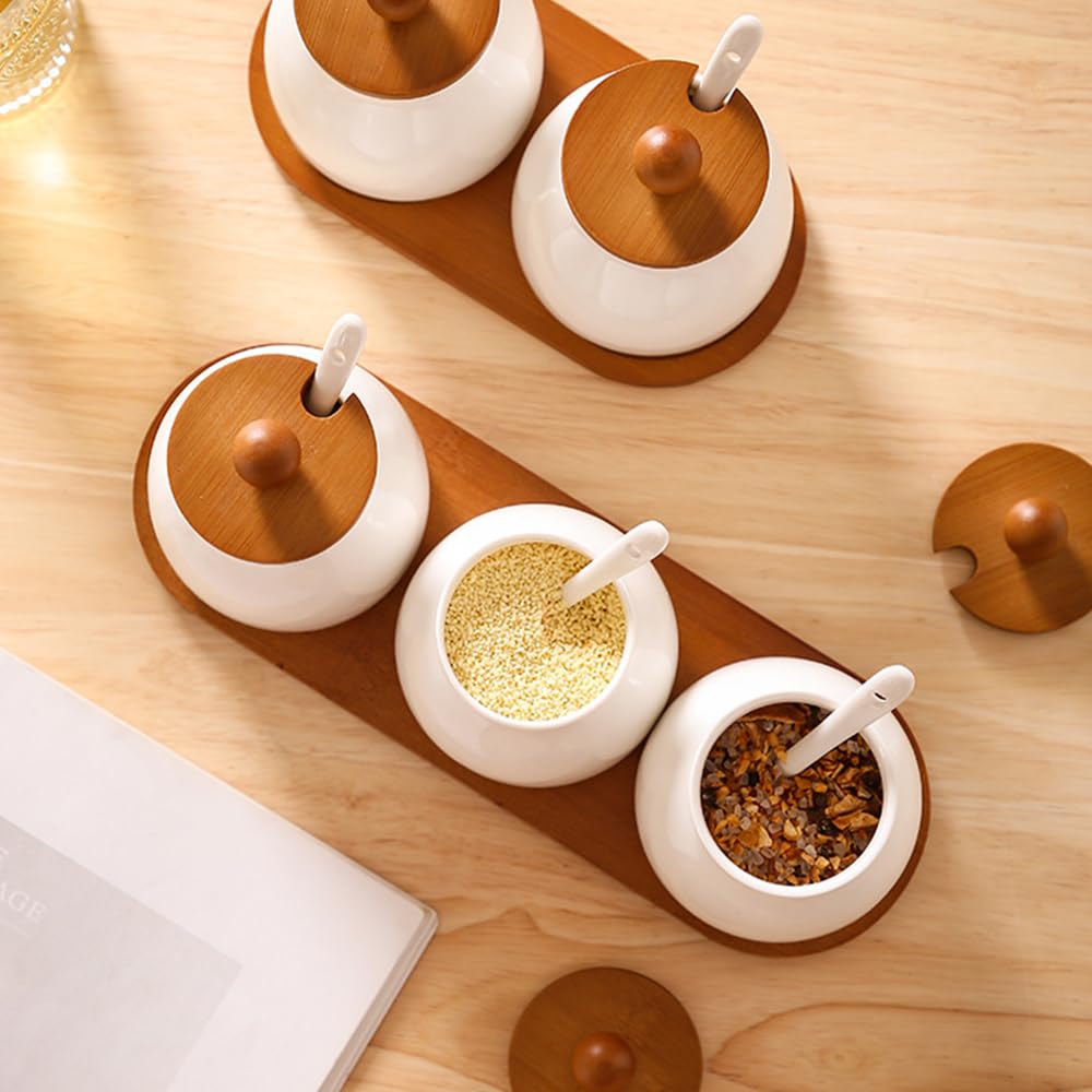 ANQIA Porcelain Condiment Jar Set Spice Jars with Wooden Lids and Tray Ceramic Spice Container with Spoons for Sugar, Salt,Tea, Spices, Coffee (Set of 3)