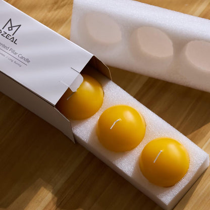 MOZEAL Hand-Poured, 3 Inch Yellow Round Ball Candles - Elegant Yellow Round Pillar Candles Set of 3, Dripless, Unscented, Smokeless, Ideal for Spring and Summer Parties.