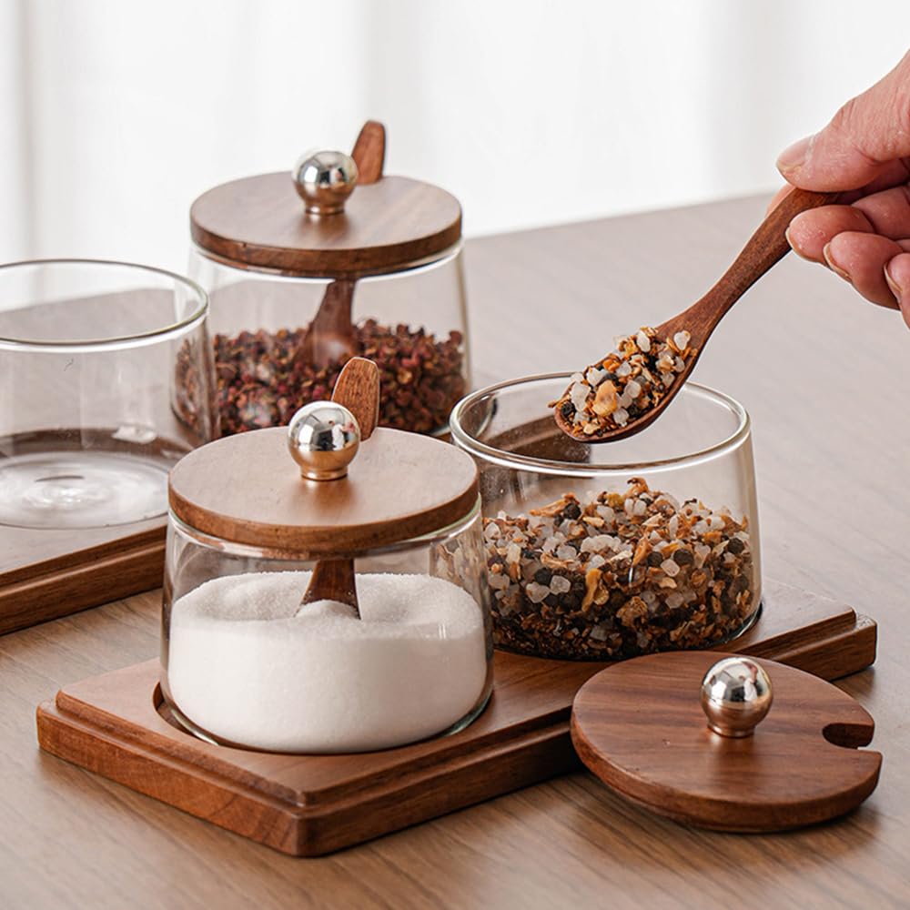 Condiment Containers Set with Acacia Wood Lids and Tray Seasoning Box Condiment Pots Jars with Spoons for Spice Salt Sugar Cruet (Silver Top, 2 Jars with Tray)