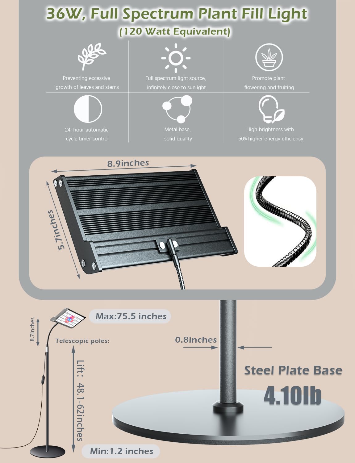 ANCIENTPWR Industrial-Grade Plant Grow Light, Full Spectrum for Indoor Plants with Auto Timer (3/9/12H), 10-Level Dimming, 75.5" Adjustable Height, Flexible Gooseneck & 4.1lb Heavy Base