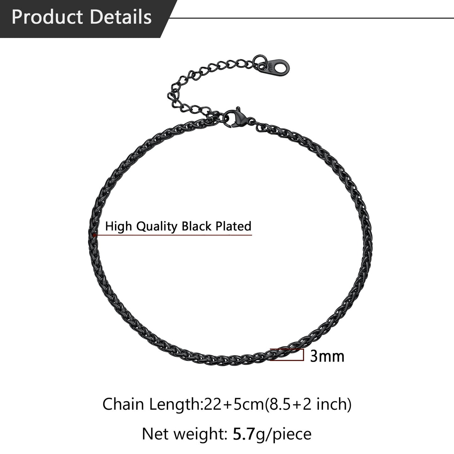 U7 Black Ankle Chains for Women Girl Foot Jewellery Stainless Steel Summer Anklet Bracelet