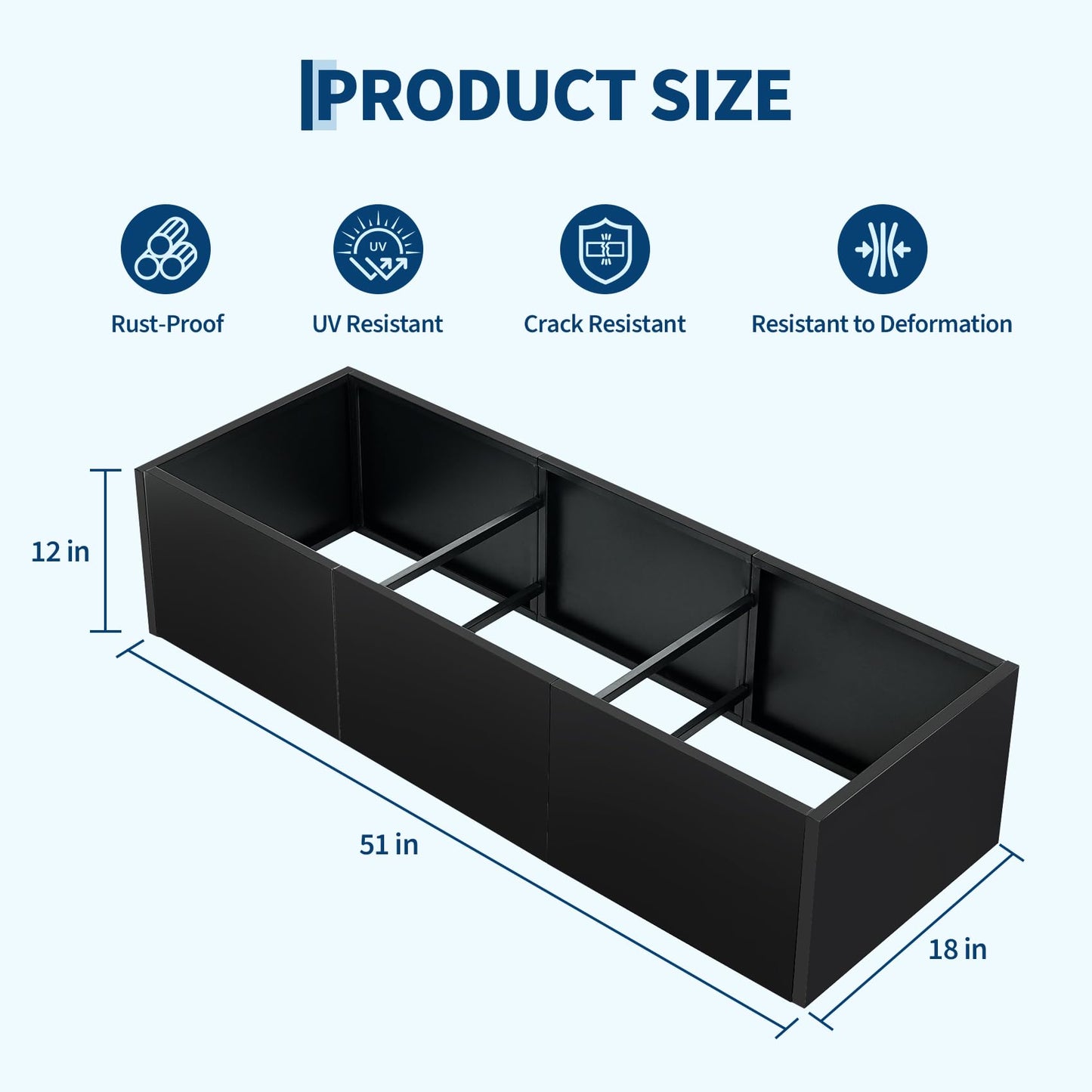 Garvee Large Metal Planter Box for Outdoor Plants, 51"X18"X12" Heavy Duty Steel Rectangular Planter with Snap-on Assembly, Open Base Design (No Bottom), for Garden Patio Yard