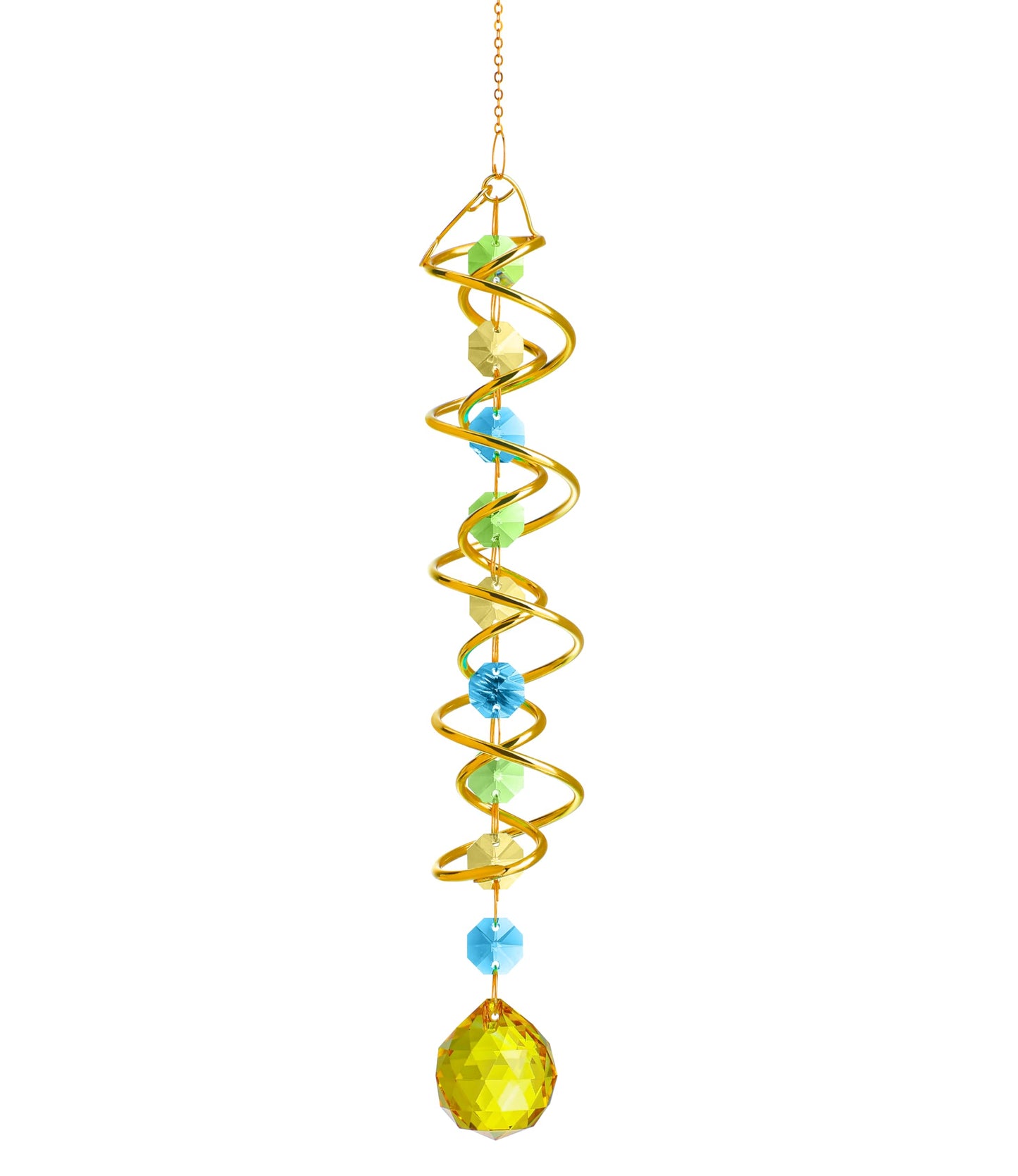 H&D HYALINE & DORA Glass Gazing Ball Spiral Tail Decorative Sun Catcher,20.5in Rainbow Maker Double-Spiral W/Yellow Crystal Ball Prism Sun Catcher for Indoor Outdoor Garden Decoration