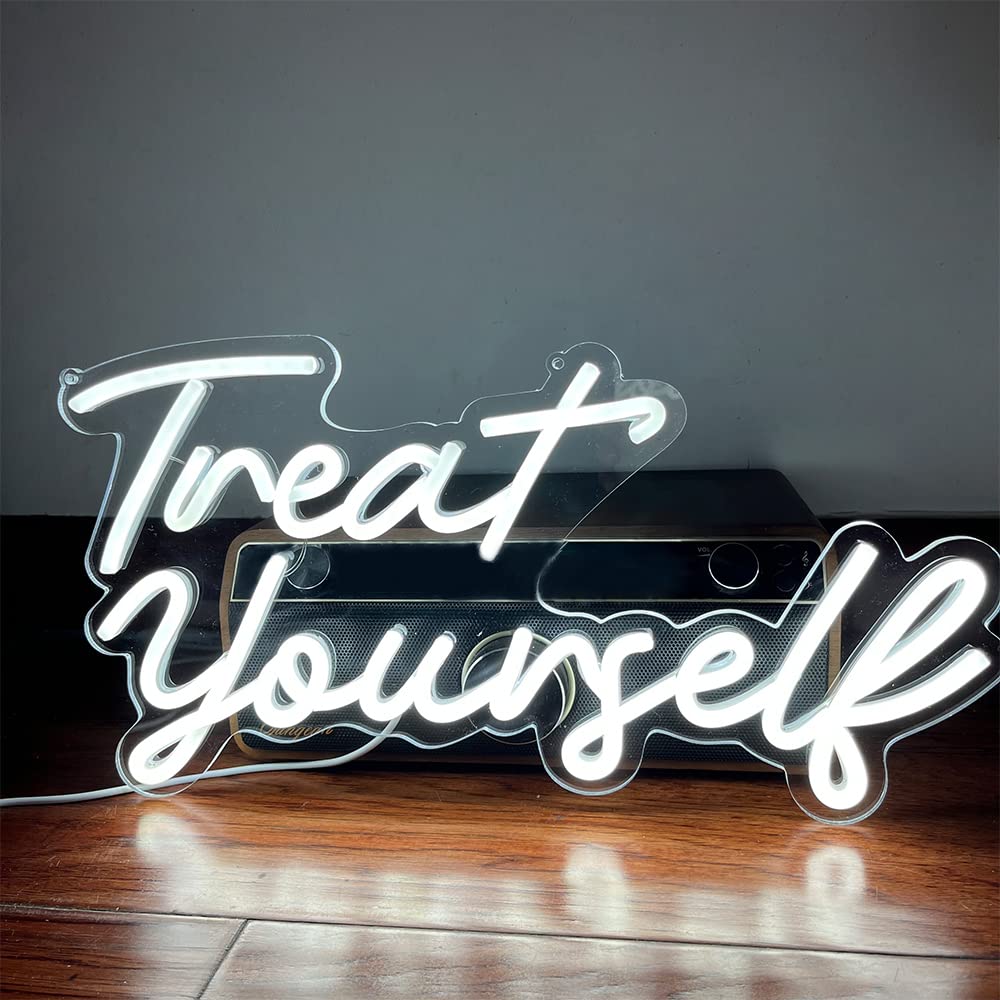 Treat Yourslef Neon Signs White LED Letter Neon Light Sign USB Power for Wall Decor Bedroom Wall Birthday Party Christmas Wedding Decoration(16.5 * 8.7)