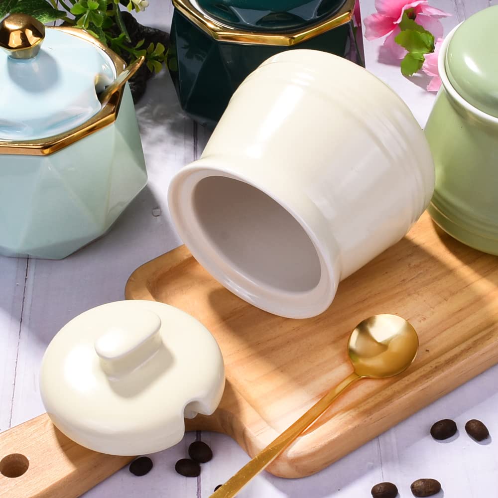 Sugar Bowl with Lid and Spoon, Ceramic Sugar Bowl,Multi-Function Sugar Container Spice Container Salt Jar Condiment Bowls Sugar Jar for Kitchen Storage Organization (Yellow)