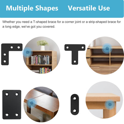 QSJ 22 Pack Straight Brace Stainless Steel Black Flat Brace Straight Corner Braces Straight Brackets Metal Flat Straight Mending Plates with Screws