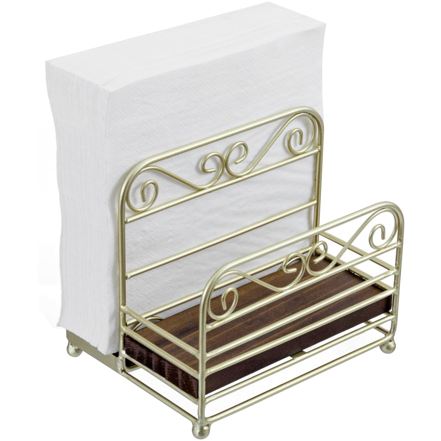 MyGift 2-in-1 Disposable Napkin and Salt & Pepper Caddy, Brass Tone Metal Vintage Scrollwork Dinner Table Paper Towel Condiment Holder with Rustic Burnt Solid Wood Base