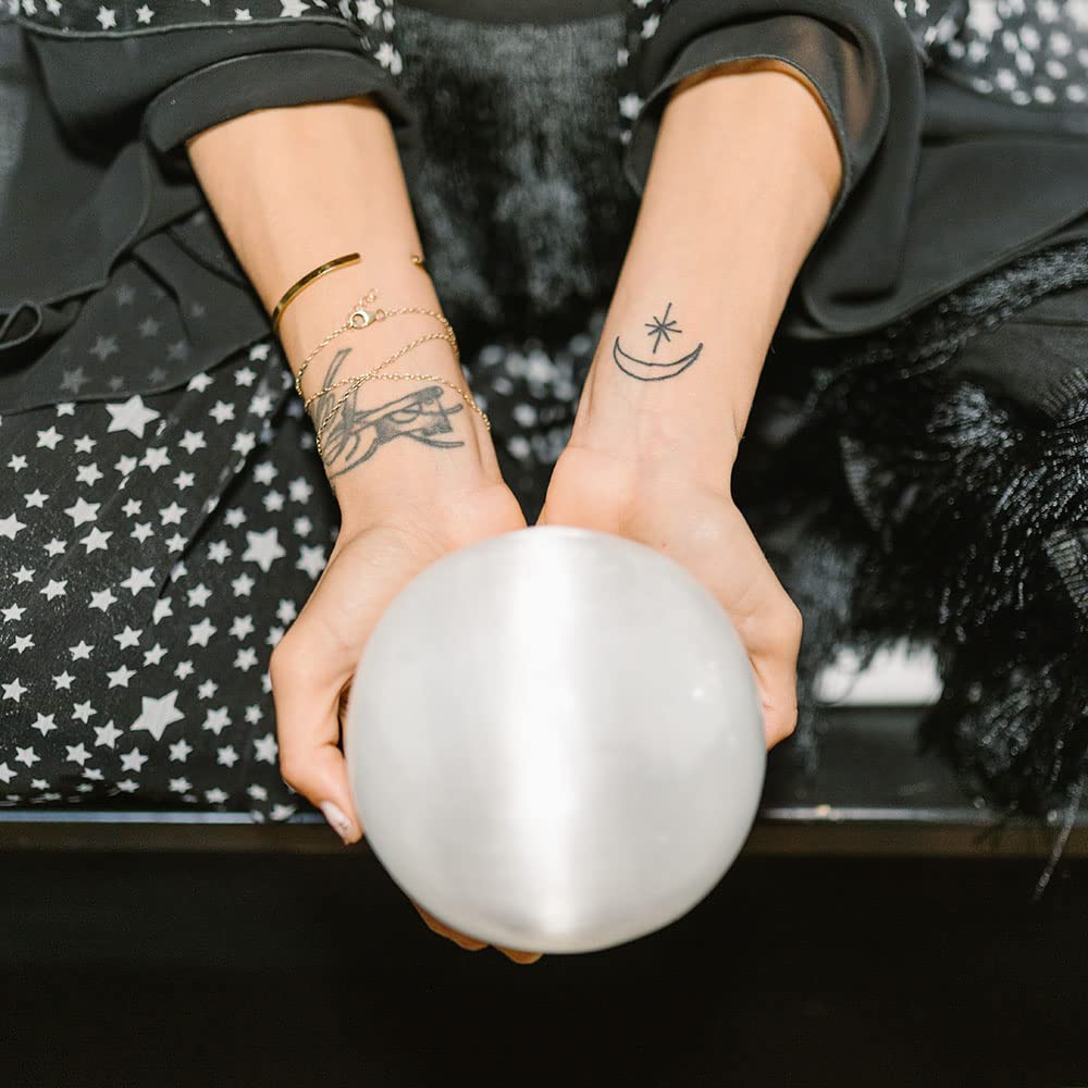 JIC Gem 3.5-4 Inch(90-100mm) Selenite Crystal Sphere with Wooden Stand Healing Crystal Ball for Meditation, Home Decoration