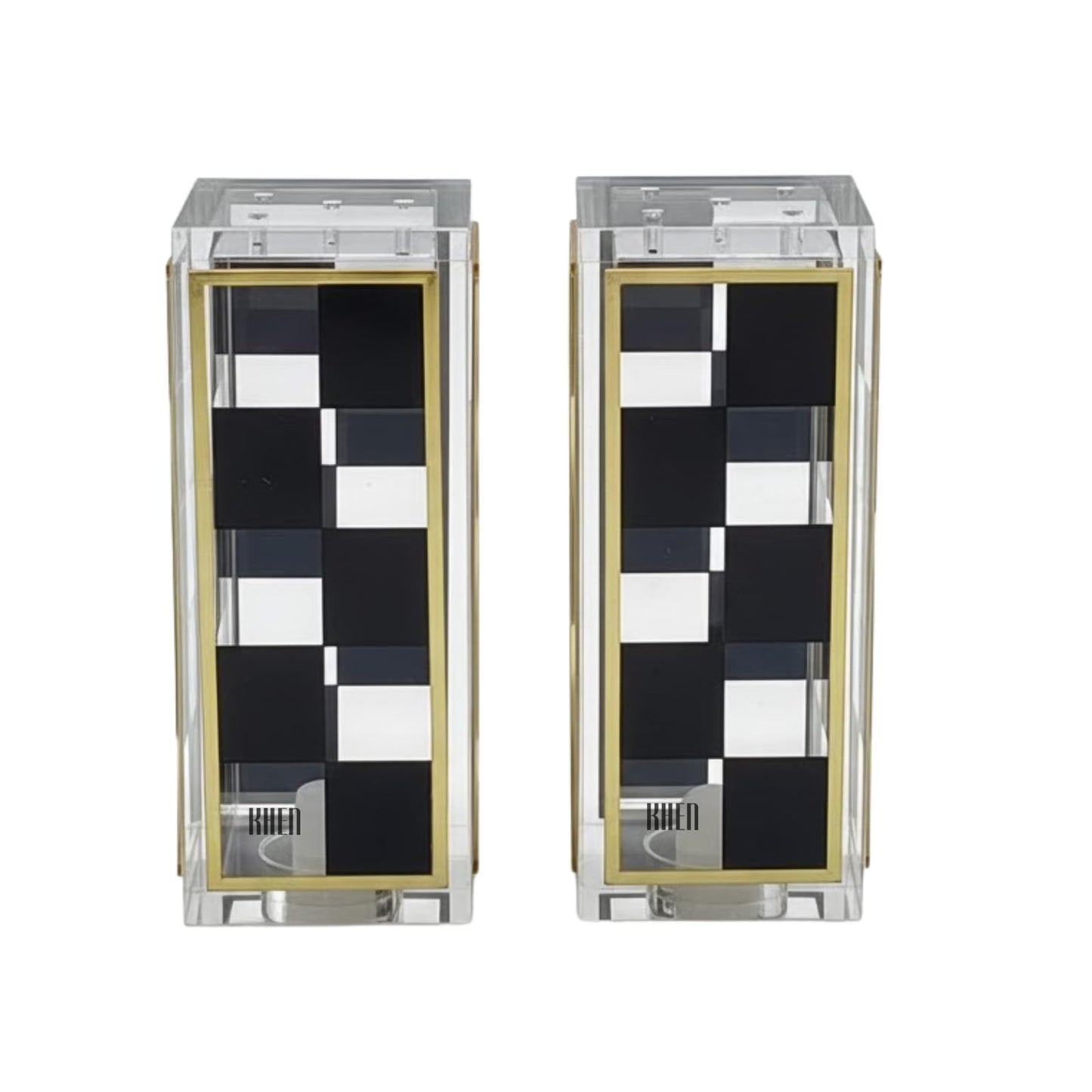 Black and White Checkered Salt and Pepper Shakers Set - Luxurious Lucite Acrylic Square Design - Modern 2.4" x 3.5" Refillable Dispensers - Elegant Kitchen Decor, Dining Table Unique Housewarming Gift