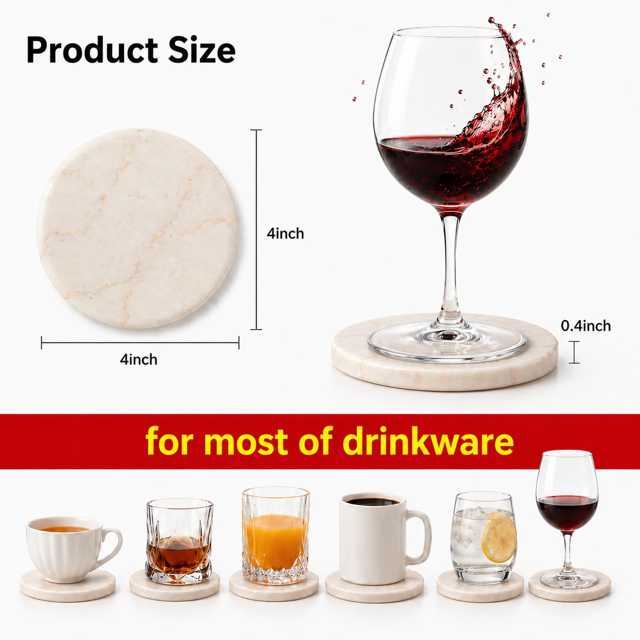 Creative Home Natural Champagne Marble Drink Coasters Set for Table Protection, Luxury Stone Beverage Coasters for Coffee Table, Kitchen, Dining Room and Bar