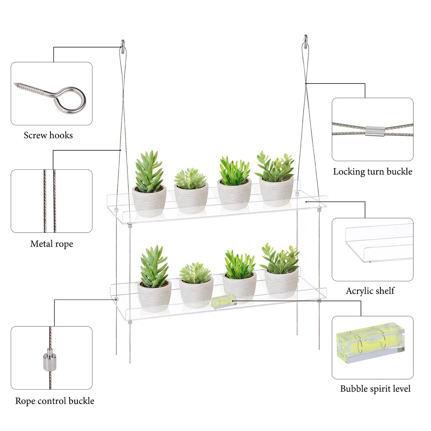 Sumerflos 2-Tier Acrylic Window Boxes Plant Shelves for Window of Kitchen, Bedroom, Living Room, 16 Inch Wall Flower Double Hanger Boxes Adjustable Hanging Shelves for Indoor Plants, Succulents