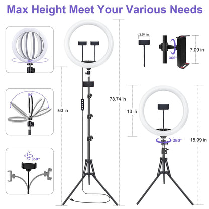 Herrfilk 13" Ring Light with Tripod Stand & Phone Holder, LED Ring Light for Phone with 3 Light Color Temperatures, 12 Brightnesses, 48 RGB Light Modes, Ringlight for Selfie, YouTube, Tik Tok