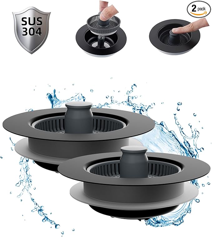 Hibbent 2 Pack 3 in 1 Kitchen Sink Drain Strainer and Stopper Combo, Stainless