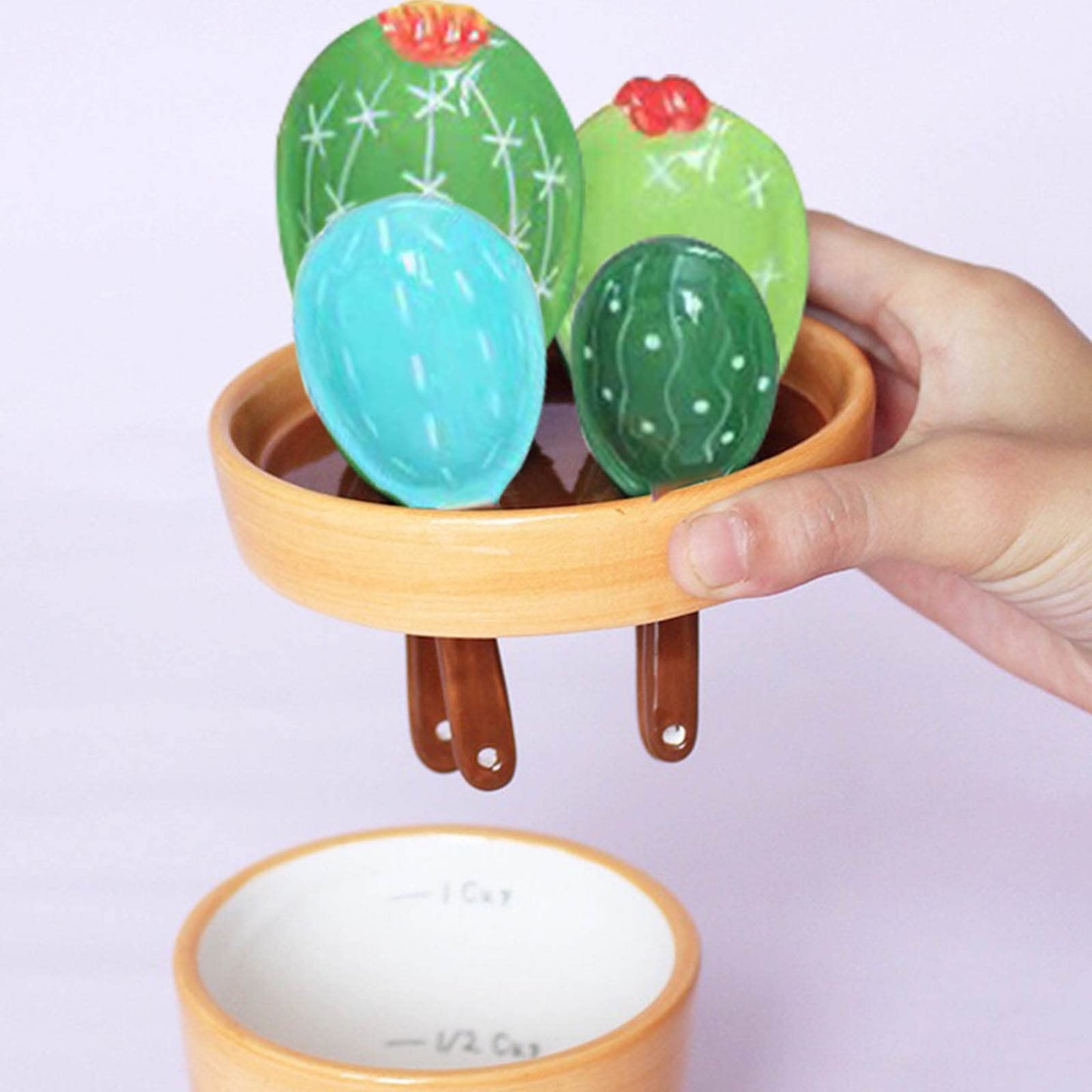 GICEY Cactus Measuring Spoons Set in Pot Ceramic Cute Small Cacti Measuring Spoons and Cups Green Housewarming Gifts for Baking,Salt, Sugar Dishwasher Safe (Green and Blue）