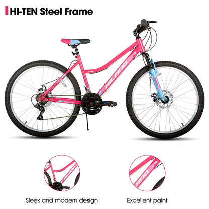 HH HILAND 26 Inch Womens Mountain Bike, with Step-Through Frame, 18 Speeds, Suspension Fork MTB, Bicycle for Women Men Adult Pink