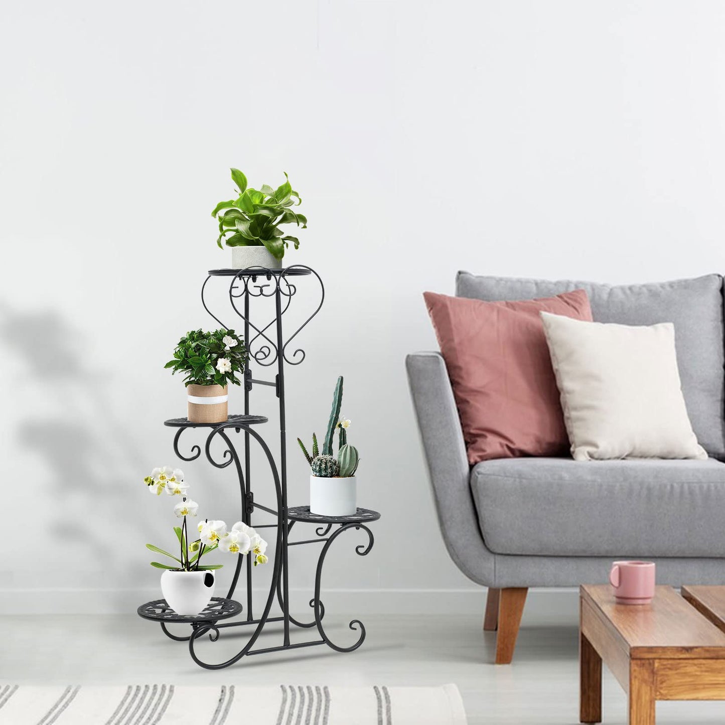 WUSILILU Plant Stand Indoor Tall, 4 Tier Metal Flower Pot Display Shelf Black Multilayer Flower Holder Rack Corner Organizer for Patio Orchid Office Porch Living Room Garden Balcony