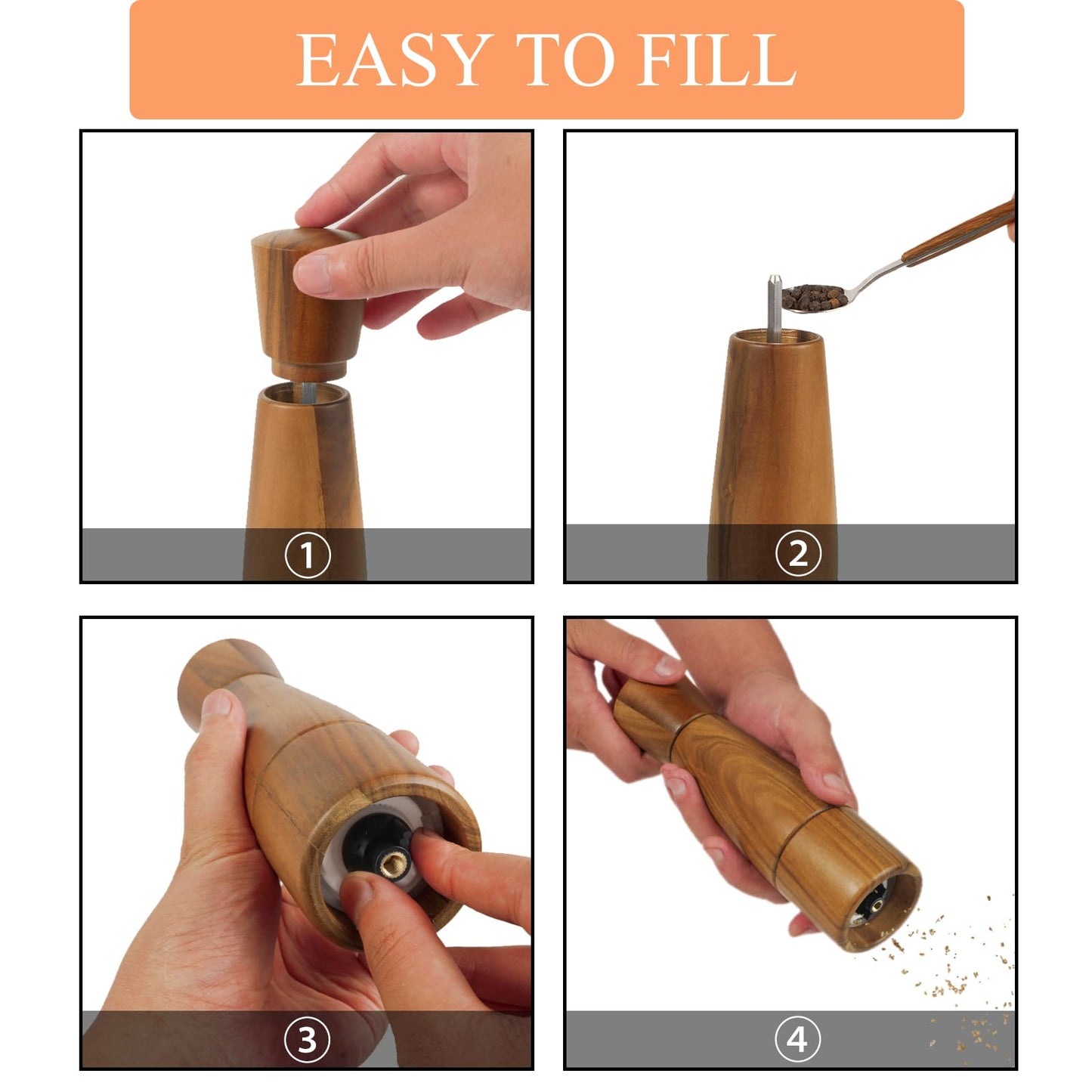 Pepper Grinder, VanlonPro Wooden Pepper Mill Salt Mill, 8 inch tall, Adjustable Coarseness Peppermill and easily refillable, Ceramic Grinding Mechanism
