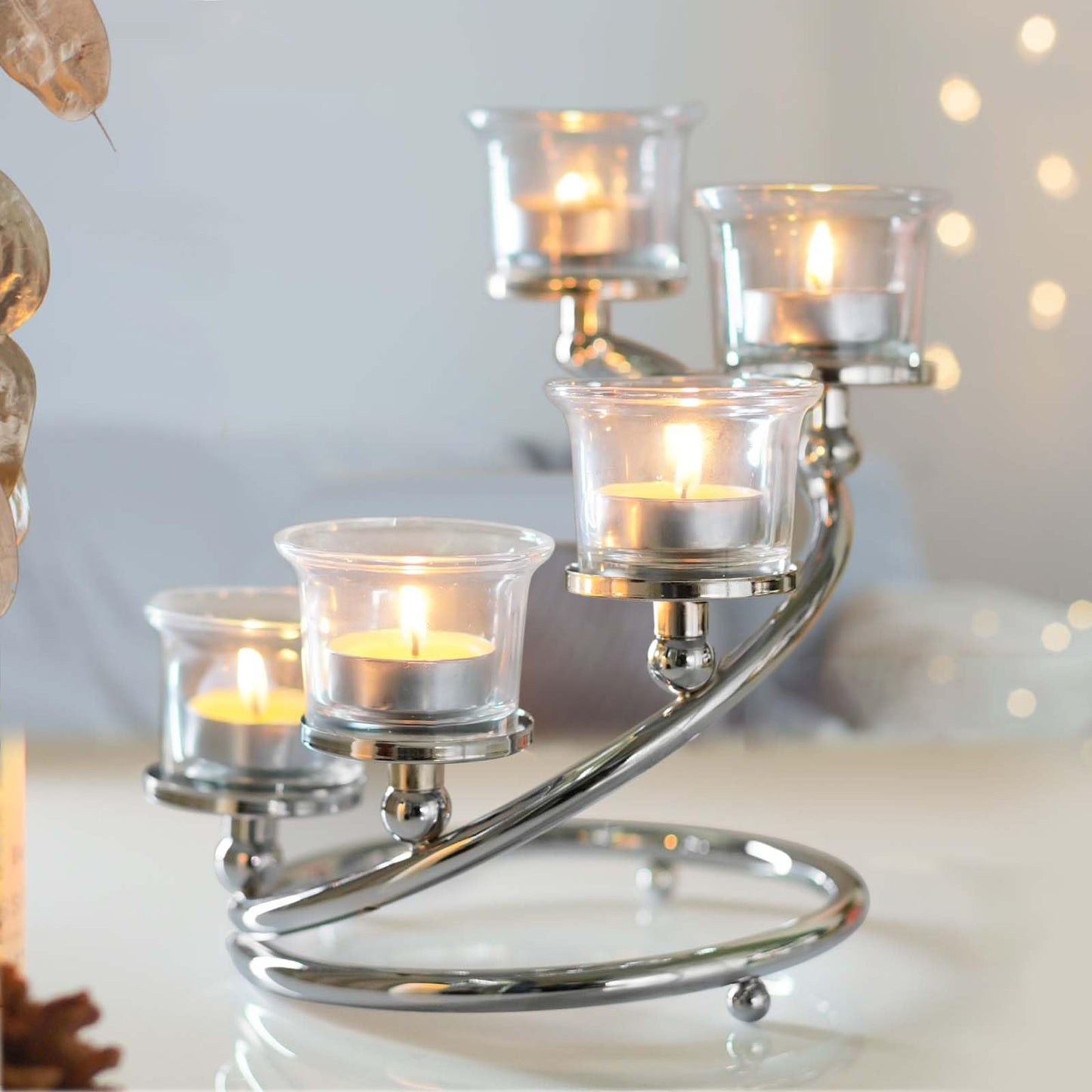 Kolnlala 1Pc Silver 5-arm Metal & Glass Tea Light Candle Holders for Table Centerpiece, Glass Votive Tealight Holders/Candelabra Candlestick Holders for Wedding,Party, Anniversary,Christmas